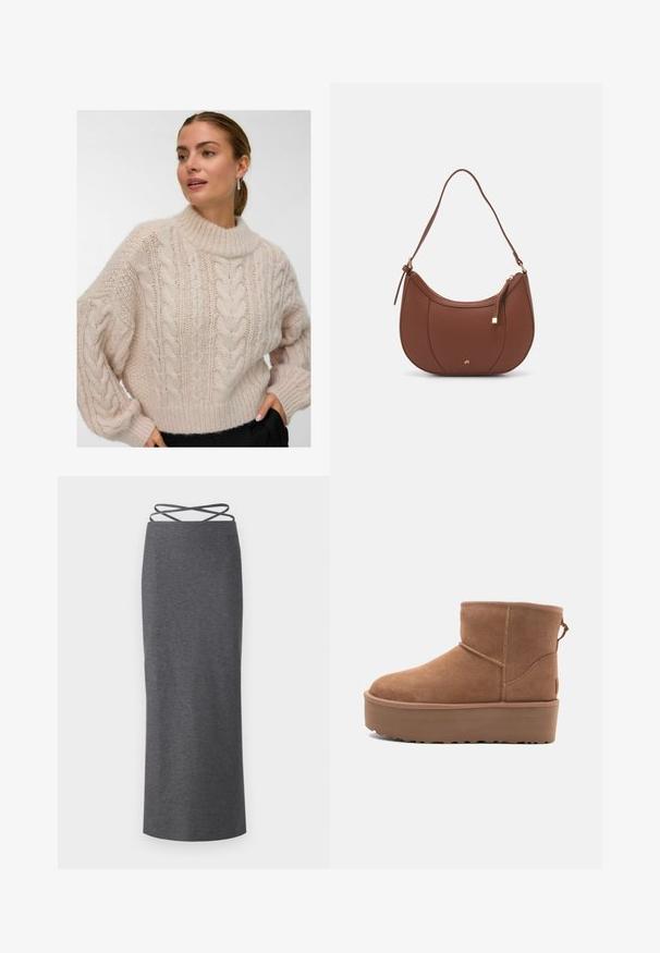 Femme portant un pull en maille torsadée chunkie couleur crème avec un col rond haut et de longues manches bouffantes, se tenant avec une main dans la poche d'un pantalon noir.; Jupe midi grise en tissu doux et extensible. Elle présente une silhouette droite et des bretelles croisées à la taille pour un maintien sécurisé.; Bottine en suède tan avec une semelle plate-forme, un bout arrondi et des accents de couture ; elle est dotée d'une languette à l'arrière pour un enfilage facile.; Sac à épaule en faux cuir brun, de forme arrondie, avec des coutures minimales et un accent en matériel doré. Il possède une fermeture zippée sur le dessus et une sangle réglable.