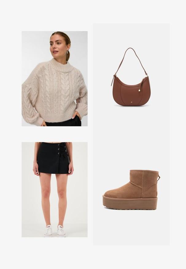 Femme portant un pull en maille torsadée chunkie couleur crème avec un col rond haut et de longues manches bouffantes, se tenant avec une main dans la poche d'un pantalon noir.; LELA Short - black; Bottine en suède tan avec une semelle plate-forme, un bout arrondi et des accents de couture ; elle est dotée d'une languette à l'arrière pour un enfilage facile.; Sac à épaule en faux cuir brun, de forme arrondie, avec des coutures minimales et un accent en matériel doré. Il possède une fermeture zippée sur le dessus et une sangle réglable.