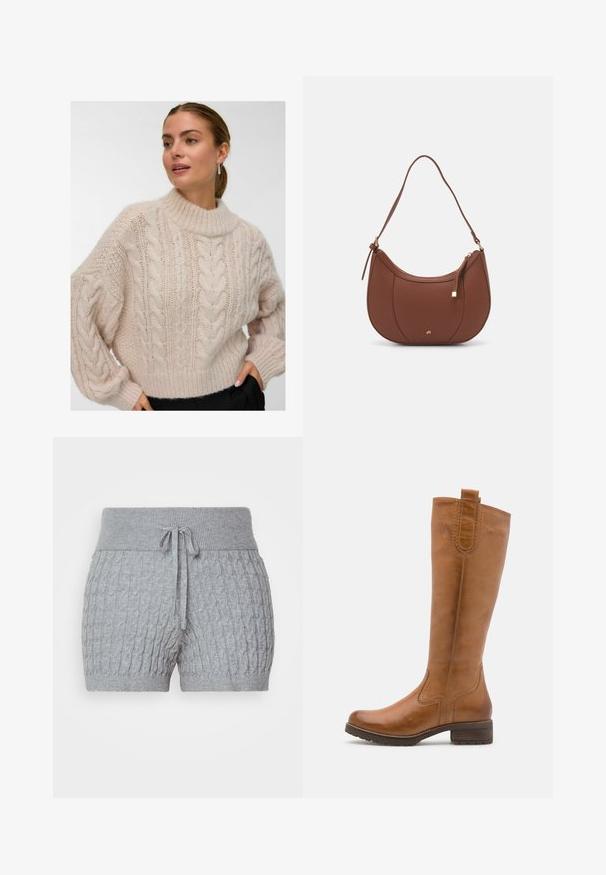 Žena u krem puloveru s debelim pletenicama, visokog okruglog ovratnika i dugim napuhanim rukavima, stoji s jednom rukom u džepu crnih hlača.; Sive pletene kratke hlače s teksturiranim dizajnom, s rebrastim pojasom i podesivom vezicom. Kratka dužina, mekana tkanina.; Anna Field LEATHER - Čizme - cognac; Smeđa torba od umjetne kože s zakrivljenim oblikom, minimalnim šavovima i zlatnim metalnim detaljima. Ima zatvaranje na gornjoj strani sa patentnim zatvaračem i podesivu naramenicu.