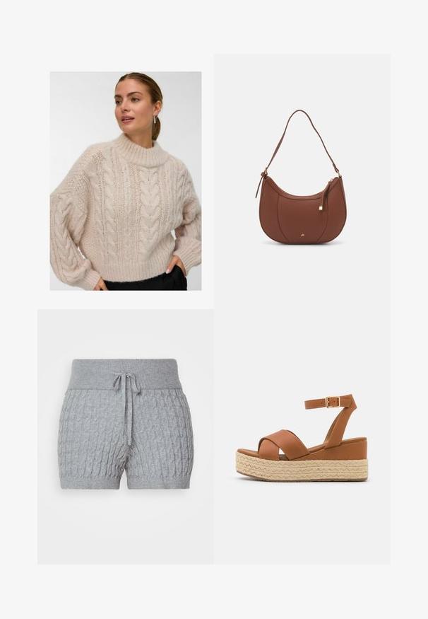 Moteris vilkinti kremine spalva storą kabelinį megztinį su aukštu apykakle ir ilgu pūsto tipo rankovėmis, stovinti su viena ranka juodų kelnių kišenėje.; Pilki megzti šortai su tekstūruotu raštu, su raukšlėtu juosmens dirželiu ir reguliuojamu raiščiu. Trumpas ilgis, minkšta medžiaga.; Rudos platform sandalai su pintu džute baze, plačiomis skersinėmis juostomis ir kulkšnies juosta su auksine sagtimi. Sklandi odos tekstūra.; Ruda dirbtinės odos petinė piniginė su kreiva forma, minimalia siuvimo linija ir auksinės spalvos įranga. Yra užtrauktuko uždarymas viršuje ir reguliuojama petneša.