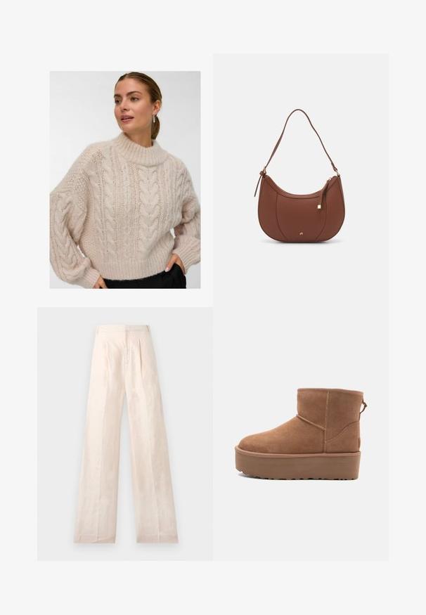 Femme portant un pull en maille torsadée chunkie couleur crème avec un col rond haut et de longues manches bouffantes, se tenant avec une main dans la poche d'un pantalon noir.; Pantalons en lin beige à jambes larges avec une texture lisse, dotés de plis avant et d'une ceinture épurée et simple.; Bottine en suède tan avec une semelle plate-forme, un bout arrondi et des accents de couture ; elle est dotée d'une languette à l'arrière pour un enfilage facile.; Sac à épaule en faux cuir brun, de forme arrondie, avec des coutures minimales et un accent en matériel doré. Il possède une fermeture zippée sur le dessus et une sangle réglable.