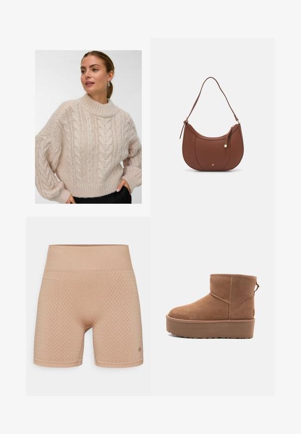 Moteris vilkinti kremine spalva storą kabelinį megztinį su aukštu apykakle ir ilgu pūsto tipo rankovėmis, stovinti su viena ranka juodų kelnių kišenėje.; Even&Odd active MID RISE SEAMLESS CYCLING SHORTS WITH RIBBED WAISTBAND
- Tamprės - dark brown; Smėlio spalvos zomšiniai kulkšninių batai su platformos padu, apvaliu nosiu ir siuvinėjimo akcentais; turi kilpos užpakalinėje dalyje, kad būtų lengviau užsidėti.; Ruda dirbtinės odos petinė piniginė su kreiva forma, minimalia siuvimo linija ir auksinės spalvos įranga. Yra užtrauktuko uždarymas viršuje ir reguliuojama petneša.