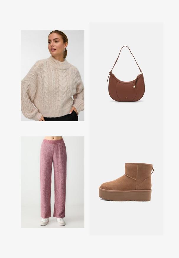 Kobieta ubrana w sweter o grubym splocie w kolorze kremowym, z wysokim okrągłym dekoltem i długimi bufkami, stojąca z jedną ręką w kieszeni czarnych spodni.; Różowe, fakturowane szerokie spodnie z geometrycznym wzorem i elastycznym paskiem w talii, w połączeniu z białymi sneakerami, na neutralnym tle.; Beżowe zamszowe botki za kostkę z platformą, zaokrąglonym noskiem i akcentami w postaci przeszyć; posiadają pętelkę z tyłu dla ułatwienia zakładania.; Brązowa torebka na ramię z eko-skóry o zaokrąglonym kształcie, z minimalnym przeszyciem i złotym akcentem na okuciach. Posiada zamek błyskawiczny u góry oraz regulowany pasek.
