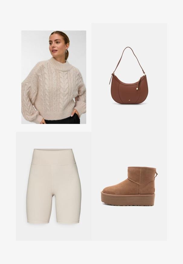 Moteris vilkinti kremine spalva storą kabelinį megztinį su aukštu apykakle ir ilgu pūsto tipo rankovėmis, stovinti su viena ranka juodų kelnių kišenėje.; adidas Performance ALL ME ESSENTIALS SHORT LEGGINGS - Tamprės - beige; Smėlio spalvos zomšiniai kulkšninių batai su platformos padu, apvaliu nosiu ir siuvinėjimo akcentais; turi kilpos užpakalinėje dalyje, kad būtų lengviau užsidėti.; Ruda dirbtinės odos petinė piniginė su kreiva forma, minimalia siuvimo linija ir auksinės spalvos įranga. Yra užtrauktuko uždarymas viršuje ir reguliuojama petneša.