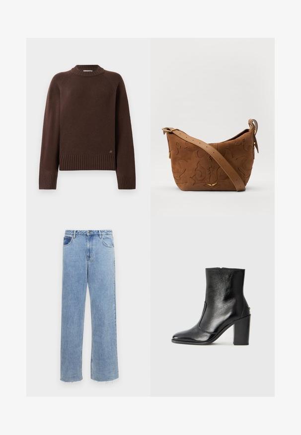 Tamsiai rudas vilnonis megztinis su raišteliais ant rankovių, apačios ir kaklo, su mažo metalo logotipu arti apačios ant vientiso fono.; Šviesiai mėlynos džinsinės plačios kojos kelnės su aukštu liemeniu, su sagų uždarymu, dviem priekinėmis kišenėmis ir suplėšytais kraštais.; Juodas odinis kulkšninis batas su lygiu paviršiumi, smailiu pirštu ir masyviu aukštu kulnu. Savybė - šoninis atidarymas ir minimalistiškas dizainas.; Ruda suedes pečių rankinė su išsiuvinėtu gėlės dizainu, papildyta lygiu ruduo odos diržu ir auksinės spalvos detalėmis.