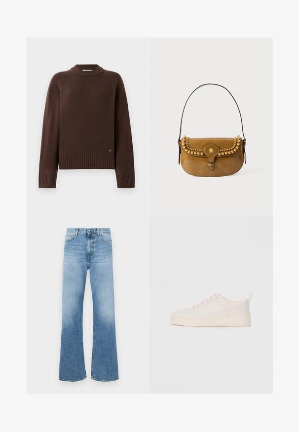 Pulover din lână de culoare maro închis, cu manșete și tiv cu nervuri, și guler înalt, având un mic logo metalic aproape de tivul de jos pe un fundal simplu.; Jeans largi de culoare bleu deschis, realizati din denim. Prezentă o talie înaltă, un design cu cinci buzunare și accente hardware portocalii. Textură netedă.; Tenis alb din piele cu accente roz, având un panou lateral texturat, vârf rotund, talpă plată din cauciuc și perforații decorative.; Geantă de mână din piele maro, cu o formă curbă, dotată cu accente din cuie aurii pe partea superioară, un mânere scurt și închidere cu cataramă.