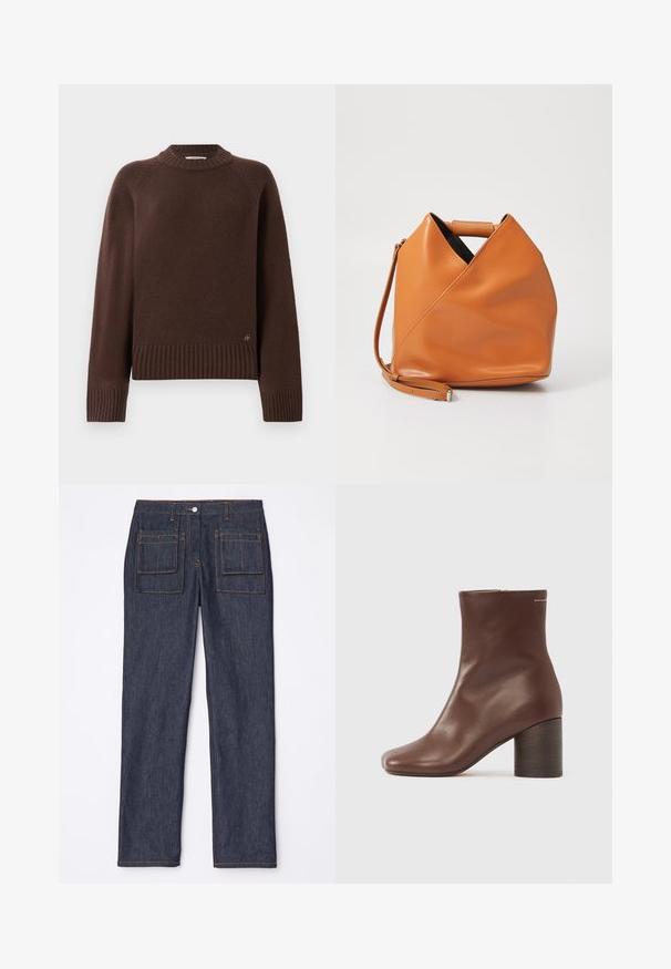 Tmavě hnědý vlněný svetr s ribbovanými manžetami, lemem a límcem, s malým kovovým logem poblíž spodního lemu na jednobarevném pozadí.; Džínové kalhoty v tmavě modré barvě s rovnýma nohama, které mají dvě zadní kapsy a kontrastní oranžové prošívání.; Hnědé kožené kotníkové boty s hladkou texturou, hranatou špičkou a pevným dřevěným podpatkem, s jednoduchým zipem po straně.; Hnědá kožená kabelka s unikátním trojúhelníkovým skladem, horním uchem a odnímatelným ramenním popruhem na bílém pozadí.