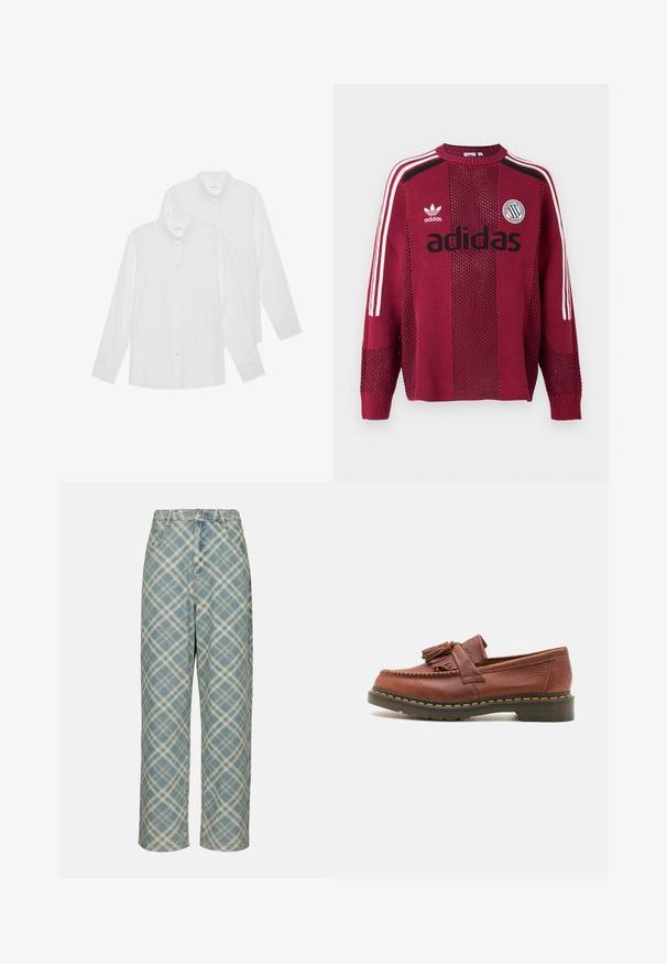 Maroon Adidas knit sweater with white stripes on sleeves, black Adidas logo, and circular patch with stripes and text on chest.; White long-sleeve shirts in a pack of two, featuring button-up fronts, collar, and cuffs, made from a smooth fabric with no patterns.; Blue plaid denim trousers with a high waist, wide legs, and contrasting white patterns. Features standard pockets and a button closure.; Brown leather moccasin with tassel accents, textured surface, and contrasting yellow stitching along the black rubber sole. Side view.