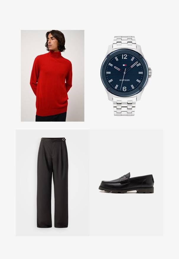 Roter, hochgeschlossener Pullover aus weichem Material. Hat lange Ärmel, eine lockere Passform und eine gerippte Textur an den Bündchen und dem Saum.; Schwarze, weit geschnittene Hosen aus glattem Stoff, mit hoher Taille, zwei silberfarbenen Schnallen am Bund und einem gefalteten Vorderdesign.; Schwarze Leder-Loafer mit abgerundetem Zehenbereich, dekorativer Naht und strukturiertem Außensohle für besseren Halt. Leicht erhöhter Absatz.; Silberner Edelstahlarmbanduhr mit einem navyblauen Zifferblatt, weißen Stundenmarkierungen und einem roten Akzent. Verfügt über ein Gliederarmband und ein rundes Gehäuse.