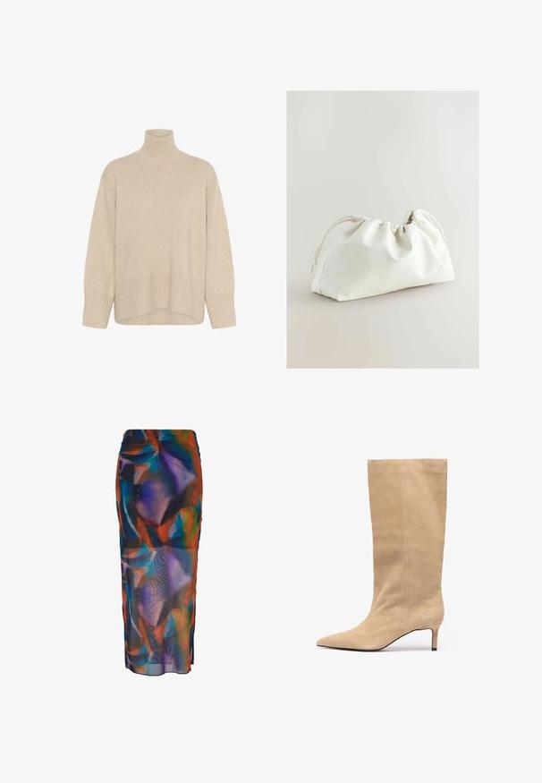 Beige turtleneck sweater made from soft knit material. Features a ribbed hem and cuffs, with a relaxed fit and long sleeves.; Multicolored pencil skirt featuring a flowing, sheer fabric with abstract patterns in blue, orange, and purple. Elastic waistband with side slits.; Beige suede knee-high boot with a pointed toe and a slim heel. Features vertical seams along the shaft for added detail.; White faux leather bag with a gathered design, drawstring closure, and smooth texture. Curved shape with soft folds and minimal hardware.