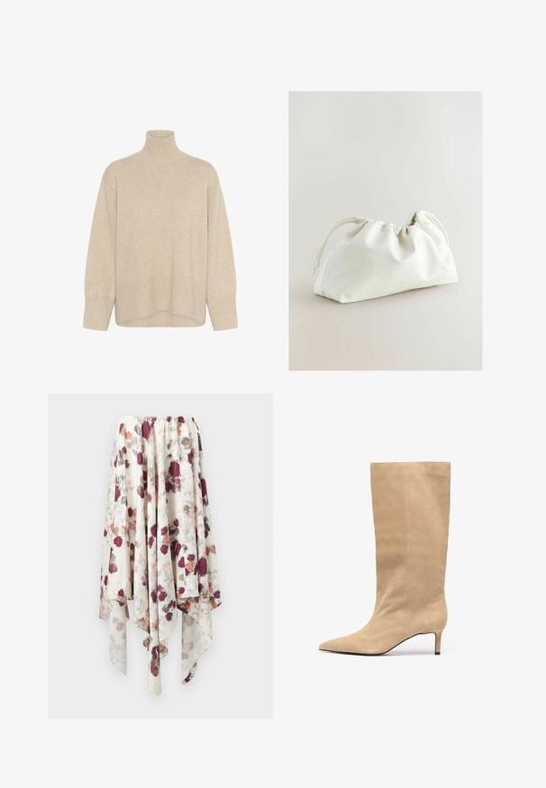 Beige coltrui gemaakt van zacht breimateriaal. Heeft een ribbelszoom en -manchetten, met een relaxte pasvorm en lange mouwen.; Witte rok met een handkerchief zoom, bedrukt met maroon, grijs en oranje aquarel bloemenprint, met een elastische tailleband.; Beige suède kniehoge laarzen met een spitse neus en een slanke hak. Voorzien van verticale naden langs de schacht voor extra detail.; Witte neplederen tas met een geplooid ontwerp, trekkoordsluiting en een gladde textuur. Gebogen vorm met zachte plooien en minimale hardware.