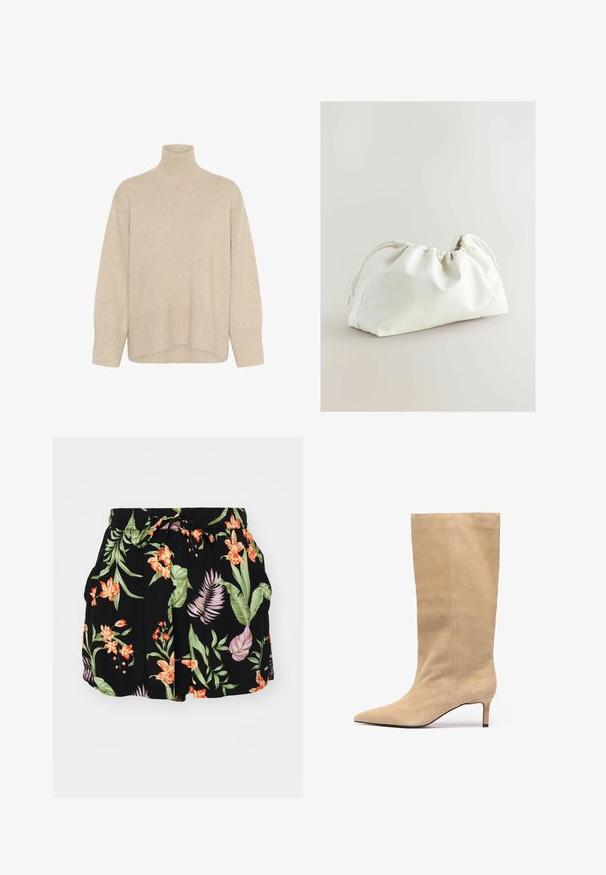 Beige turtleneck sweater made from soft knit material. Features a ribbed hem and cuffs, with a relaxed fit and long sleeves.; Black shorts featuring a colorful floral pattern with orange and green elements, elastic waistband with a drawstring, and side pockets.; Beige suede knee-high boot with a pointed toe and a slim heel. Features vertical seams along the shaft for added detail.; White faux leather bag with a gathered design, drawstring closure, and smooth texture. Curved shape with soft folds and minimal hardware.
