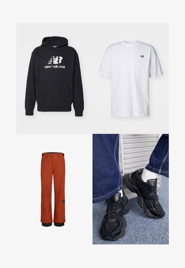 Juodas gobtuvas su priekiniais kengūriniais kišenėmis, raišteliais, ir baltu „New Balance“ logotipu, kuris yra centre ant krūtinės. Medvilnės mišinys.; Balta trumpa rankovėmis marškinėliai su apvalia iškirpte, su mažuoju juodu New Balance logotipu kairėje krūtinės pusėje, prieš paprastą foną.; Oranžinės vandeniui atsparios slidinėjimo kelnės su juodu reguliuojamu juosmeniu, šoninėmis kišenėmis ir elastinėmis rankogaliais temperatūros reguliavimui.; Juodi sportbačiai, kuriuose derinamos tekstūruotos ir lygios medžiagos, išryškinta raištelių sistema ir masyvus padas, derinami su tamsiomis džinsinėmis kelnėmis.