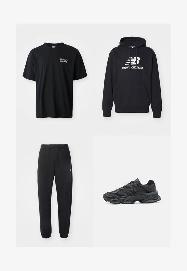 Juodas gobtuvas su priekiniais kengūriniais kišenėmis, raišteliais, ir baltu „New Balance“ logotipu, kuris yra centre ant krūtinės. Medvilnės mišinys.; Juodas medvilnės marškinėliai su trumpomis rankovėmis. Kairėje krūtinės pusėje yra išsiuvinėtas logotipas "Dickies Donut House". Klasikinis apvalios kaklo dizainas.; Juodi sportiniai kelniai, pagaminti iš minkštos medžiagos, su elastinga juosmena, raišteliu ir siaurėjantys ties apačia, su subtiliu logotipu šone.; Juodas bėgimo batelis, pagamintas iš tinklinės ir sintetinės medžiagos, turintis stambų pado dizainą, kreivą formą ir ryškią prekės ženklą šone.