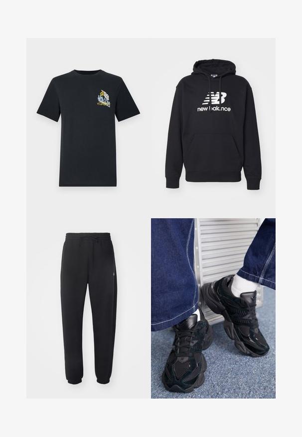 Juodas gobtuvas su priekiniais kengūriniais kišenėmis, raišteliais, ir baltu „New Balance“ logotipu, kuris yra centre ant krūtinės. Medvilnės mišinys.; Juodas medvilninis marškinėliai trumpomis rankovėmis, su ryškiu grafiniu piešiniu kairėje krūtinėje, įskaitant tekstą ir dizaino elementus.; Juodi sportiniai kelniai, pagaminti iš minkštos medžiagos, su elastinga juosmena, raišteliu ir siaurėjantys ties apačia, su subtiliu logotipu šone.; Juodi sportbačiai, kuriuose derinamos tekstūruotos ir lygios medžiagos, išryškinta raištelių sistema ir masyvus padas, derinami su tamsiomis džinsinėmis kelnėmis.