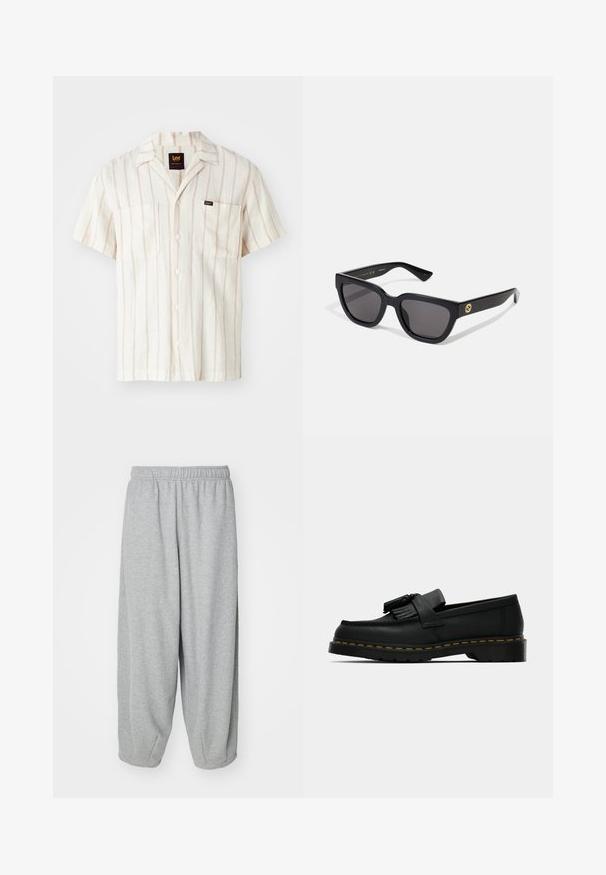 Black hoodie featuring a front graphic print of a figure against a cloudy backdrop. Includes a kangaroo pocket and star patterns on the sleeves.; Short-sleeve shirt in cream with subtle pink stripes. Features a collar, two front pockets, and a logo label on the left pocket.; Light gray, loose-fitting sweatpants made of soft fabric. Elastic waistband and cuffs at the ankles. Simple and unadorned design.; Black leather loafer with tassels, yellow stitching along the sole, and a thick, ridged rubber outsole.; Black rectangular sunglasses with a glossy finish, dark lenses, and gold hardware accent on the temple featuring the logo.