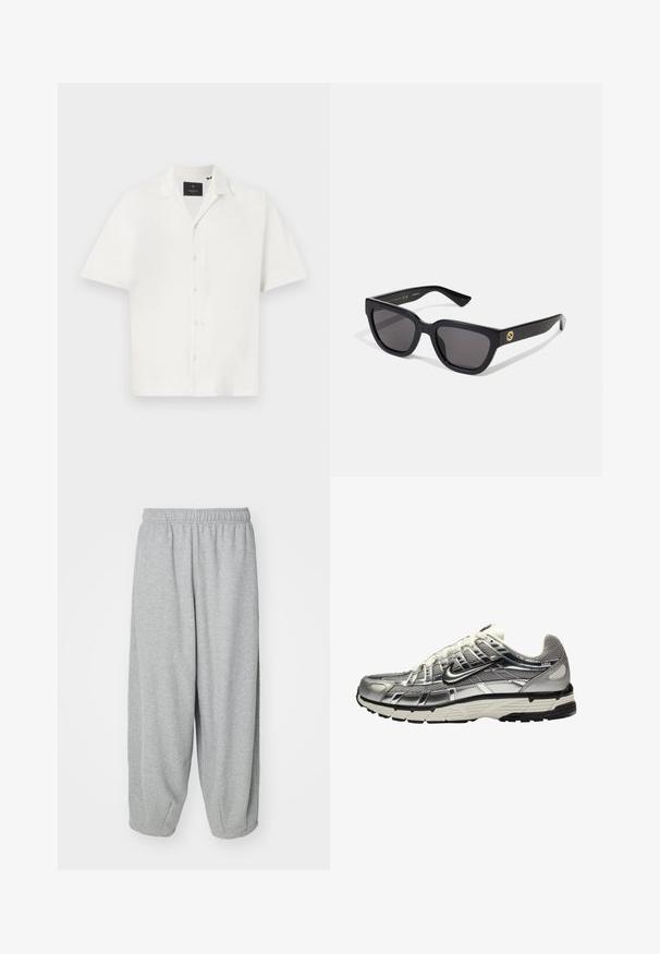 Felpa nera con cappuccio con stampa grafica frontale di una figura su uno sfondo nuvoloso. Include una tasca a marsupio e motivi a stella sulle maniche.; Camicia bianca a maniche corte in tessuto texturizzato, con colletto e chiusura frontale a quattro bottoni. Design minimale senza ulteriori motivi.; Pantaloni sportivi grigi chiari, larghi e realizzati in tessuto morbido. Vita elasticizzata e polsini alla caviglia. Design semplice e sobrio.; Scarpa atletica argento e nera con tomaia in mesh e sintetico, design voluminoso e finitura testurizzata. Presenta un colletto imbottito e suola in gomma.; Occhiali da sole rettangolari neri con finitura lucida, lenti scure e dettagli dorati sulla tempia che presentano il logo.