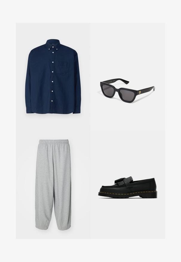 Melns džemperis ar kapuci ar priekšējo grafisko attēlu - figūra pret mākoņainu fonu. Satur kengura kabatu un zvaigžņu rakstus uz piedurknēm.; Navy zila pogājamā krekla izgatavots no kokvilnas. Aprīkots ar norādītu apakšmalu, garām piedurknēm, krūšu kabatu un baltām pogām. Tekstūrēta auduma.; Gaiši pelēkas, brīvi pieguļošas sporta bikses no mīksta auduma. Elastīga josta un aproces pie potītēm. Vienkāršs un neizrotāts dizains.; Melnas ādas loafer kurpes ar pušķiem, dzeltena šuve apkārt zolei un bieza, rievota gumijas zole.; Melni taisnstūra saulesbrilles ar spīdīgu apdari, tumšiem stikliem un zelta aksesuāru uz tempļa, uz kura redzams logo.