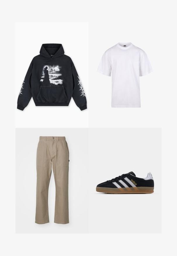 Zwarte hoodie met een voorkant bedrukking van een figuur tegen een bewolkte achtergrond. Voorzien van een kangoeroezak en sterpatronen op de mouwen.; Witte katoenen t-shirt met een ronde hals, korte mouwen en een relaxte pasvorm. Heeft een eenvoudig ontwerp zonder patronen of accenten.; Beige katoenen broeken met een rechte snit, voorzien van twee voorzakken en een knoopsluiting in de taille. Glad van textuur, zonder patronen.; Zwarte suède sneaker met witte strepen, beige rubberen zool en gouden "Gazelle" logo. Klassiek low-top ontwerp, met een textuur bovenlaag.