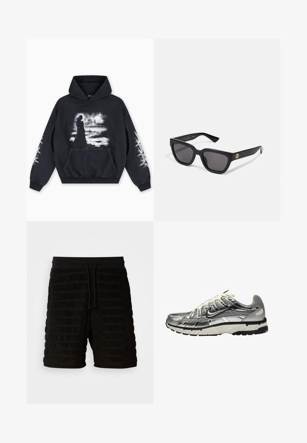 Svart hettegenser med et fronttrykk av en figur mot en skyet bakgrunn. Inkluderer kengurulomme og stjernemønstre på ermene.; Sorte teksturerte shorts med horisontalt ribbet mønster, elastisk liv, og snøring. Mykt stoff med en uformell design for komfort.; Sølv og svart treningssko med overdel i mesh og syntetisk materiale, voluminøst design og teksturert finish. Har en polstret krage og gummisåle.; Svarte rektangulære solbriller med en blank finish, mørke linser og gullhardwaredetaljer på stangene med logo.