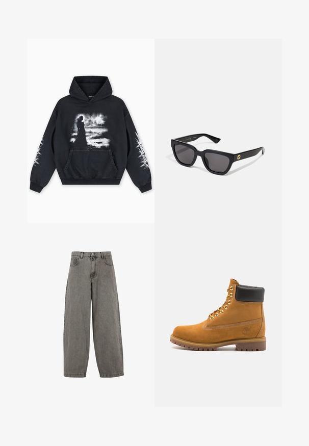 Svart hoodie med ett fronttryck som föreställer en figur mot en molnig bakgrund. Inklusive en känguruficka och stjärnmönster på ärmarna.; Grå denimbyxor med hög midja, vida ben, klassisk femficksdesign och knappstängning framtill. Lätt texturerad yta.; Tan mockasins ankelstövlar med svart vadderad krage, guldmetallöglor, vit sömdekor och slitstöt gummisula med utmärkta mönster.; Svarta rektangulära solglasögon med en glänsande finish, mörka linser och guldaccent på bygeln med logotypen.