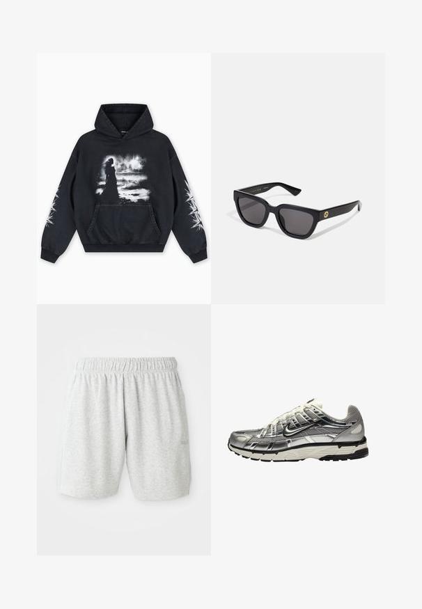 Camisola de capuz preta com estampa gráfica frontal de uma figura contra um fundo nublado. Inclui um bolso canguru e padrões de estrelas nas mangas.; Calções de algodão cinzentos com uma cintura elástica, apresentando uma textura suave e bolsos laterais. Detalhe discreto do logótipo na bainha.; Sapatilha atlética prateada e preta com parte superior em malha e sintético, design volumoso e acabamento texturizado. Apresenta um colarinho acolchoado e sola de borracha.; Óculos de sol retangulares pretos com acabamento brilhante, lentes escuras e detalhes em dourado na haste com o logótipo.