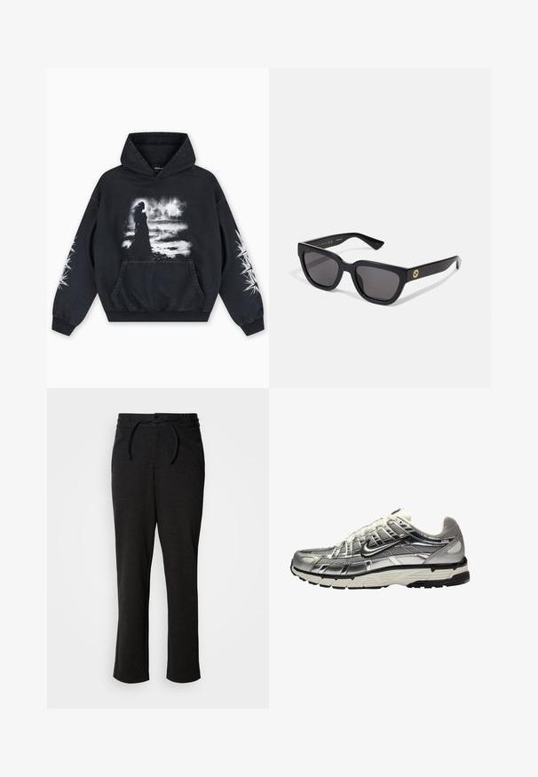 Camisola de capuz preta com estampa gráfica frontal de uma figura contra um fundo nublado. Inclui um bolso canguru e padrões de estrelas nas mangas.; Calças de malha pretas com cintura elástica com cordão, corte reto e bolsos laterais. Textura suave com um acabamento liso.; Sapatilha atlética prateada e preta com parte superior em malha e sintético, design volumoso e acabamento texturizado. Apresenta um colarinho acolchoado e sola de borracha.; Óculos de sol retangulares pretos com acabamento brilhante, lentes escuras e detalhes em dourado na haste com o logótipo.