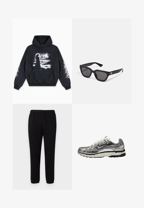 Svart hettegenser med et fronttrykk av en figur mot en skyet bakgrunn. Inkluderer kengurulomme og stjernemønstre på ermene.; Sorte, uformelle joggebukser med elastisk midje og ankelmanchetter, vist mot en enkel hvit bakgrunn.; Sølv og svart treningssko med overdel i mesh og syntetisk materiale, voluminøst design og teksturert finish. Har en polstret krage og gummisåle.; Svarte rektangulære solbriller med en blank finish, mørke linser og gullhardwaredetaljer på stangene med logo.