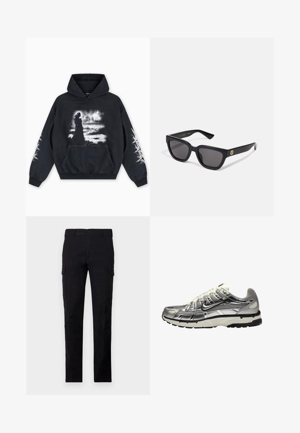 Black hoodie featuring a front graphic print of a figure against a cloudy backdrop. Includes a kangaroo pocket and star patterns on the sleeves.; Black cargo pants made of sturdy fabric, featuring a regular fit, button closure, and two side cargo pockets. Plain texture with no patterns.; Silver and black athletic shoe with a mesh and synthetic upper, voluminous design, and a textured finish. Features a padded collar and rubber sole.; Black rectangular sunglasses with a glossy finish, dark lenses, and gold hardware accent on the temple featuring the logo.