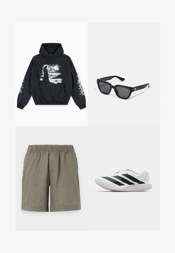 Sudadera con capucha negra con un estampado gráfico frontal de una figura sobre un fondo nublado. Incluye un bolsillo tipo canguro y patrones de estrellas en las mangas.; Pantalones cortos color caqui en tejido ligero con cintura elástica y cierre de botón. Presenta un diseño de pierna recta y dobladillo arremangado.; Zapatillas de running ligeras en azul pálido con rayas negras. Presentan una parte superior suave, puntera redonda y una gruesa mediasuela blanca etiquetada como "LIGHTSTRIKE PRO".; Gafas de sol rectangulares negras con acabado brillante, lentes oscuros y detalle en dorado en las patillas con el logotipo.