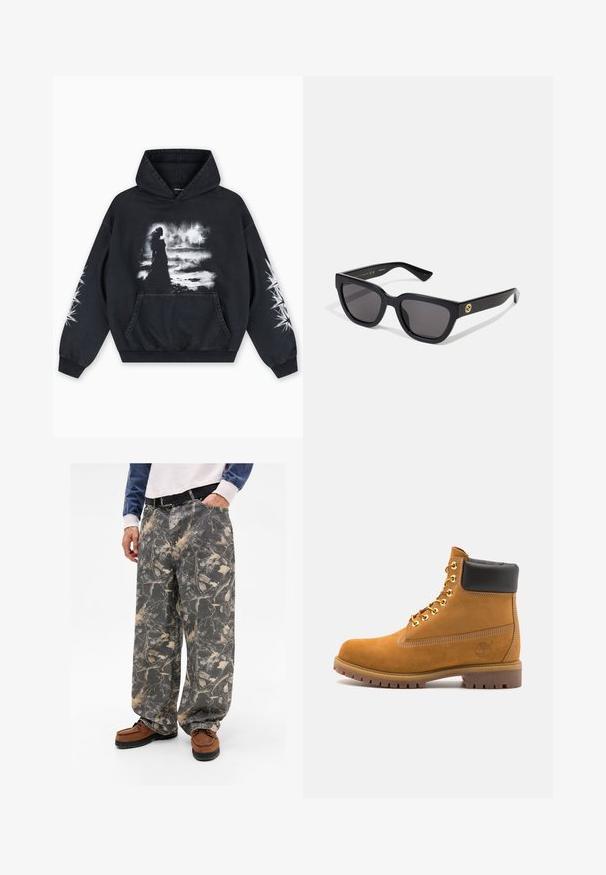 Camisola de capuz preta com estampa gráfica frontal de uma figura contra um fundo nublado. Inclui um bolso canguru e padrões de estrelas nas mangas.; Calças largas cinzentas com padrão de folhas e ramas, feitas de ganga. Combinadas com mocassins castanhos, exibindo um look casual.; Botim de tornozelo em camurça bege com colarinho acolchoado preto, ilhós de metal dourado, detalhes de costura branca e sola de borracha robusta com sulcos pronunciados.; Óculos de sol retangulares pretos com acabamento brilhante, lentes escuras e detalhes em dourado na haste com o logótipo.