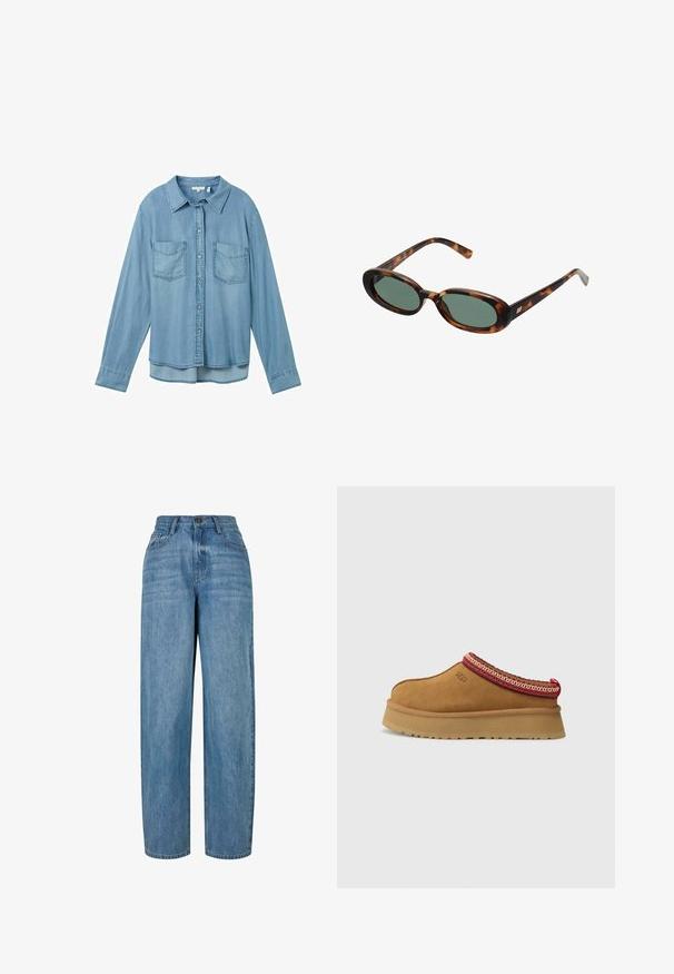 Cream-colored sweater in soft fabric with a crew neck. Features black embroidered text: "Sports & Leisure Club" and a logo. Ribbed cuffs.; Light blue denim shirt with long sleeves, button closure, and two front patch pockets. Features a classic collar and a slightly curved hem.; Light blue denim jeans with a straight leg design, featuring a button closure, five pockets, and subtle fading throughout the fabric.; Brown suede slip-on shoe with red and cream patterned trim, textured sole, and UGG logo on side. Features a slight platform height.; Tortoiseshell sunglasses with oval frames and green lenses. Features thin arms with a metallic accent near the hinges.