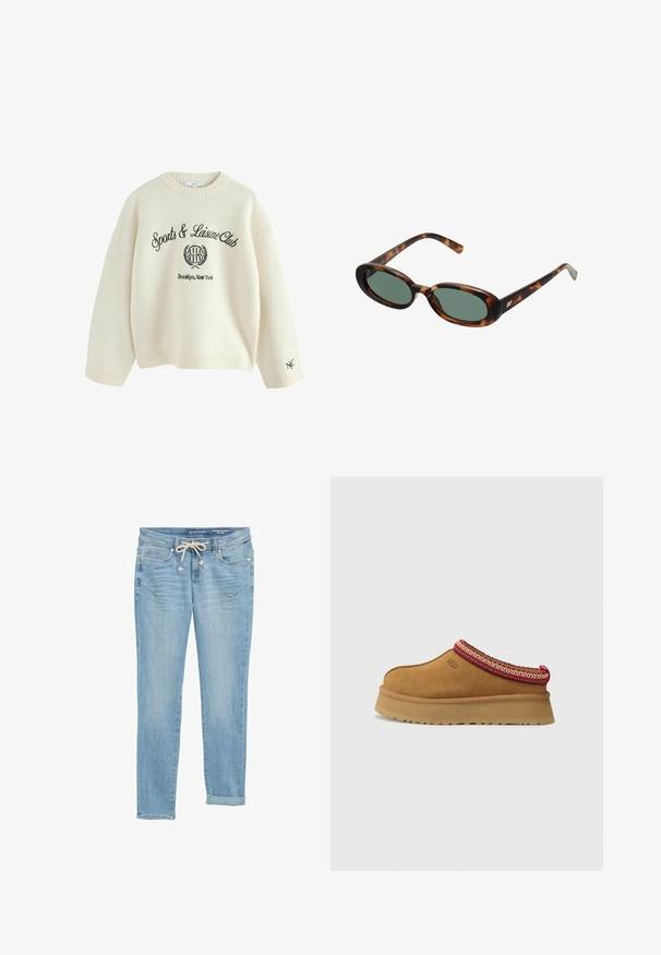 Crème-kleurige trui van zachte stof met een ronde hals. Voorzien van zwarte geborduurde tekst: "Sports & Leisure Club" en een logo. Ribgebreide mouwen.; Lichtblauwe denim jeans met een rechte pasvorm, elastische drawstring taille, opgerolde cuffs en front pockets. Ontworpen met subtiele vervagingen.; Bruine suède instapschoen met een rood en crèmekleurig patroon aan de rand, een gestructureerde zool en het UGG-logo aan de zijkant. Heeft een lichte platformhoogte.; schildpadbril met ovale monturen en groene lenzen. Heeft dunne spijlen met een metalen accent nabij de scharnieren.