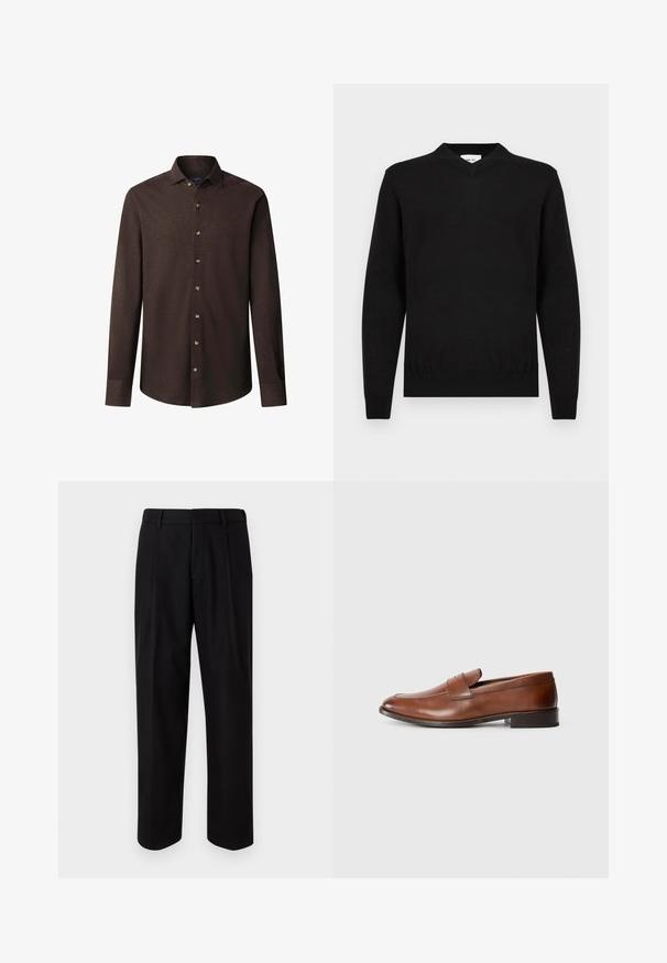 Čierny pletený sveter s dlhými rukávmi a výstrihom do V, s pruhovanými manžetami a lemom, vystavený na bielom pozadí.; Tmavohnedá košeľa s dlhým rukávom na gombíky, s špicatým golierom a jemne vyšitým logom na ľavej hrudi.; Čierne formálne nohavice s rovnými nohavicami, hladkou textúrou látky a stredne vysokým pásom s pútkami na opasok.; Hnedé kožené mokasíny s okrúhlou špičkou, minimálnym prešívaním a nízkym blokovým podpätkom. Obsahujú dekoratívny remienok naprieč hornou časťou.