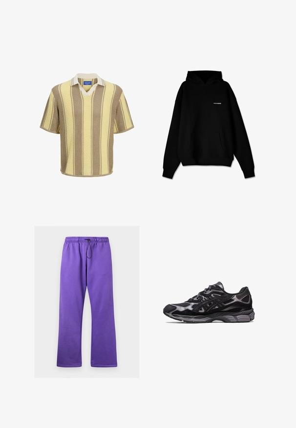 Melnā kapucēta džemperis ar priekšējo kabatu un mazu baltu "PEGADOR" logotipu uz krūts, attēlots uz balta fona.; Īsām piedurknēm adīta polo krekls bēšā, krēmkrāsā un dzeltenās svītrās. V-veida izgriezums ar kontrastējošu apkakli un teksturētu audumu.; Violetas sporta bikses ar saistēm viduklī, izgatavotas no mīkstas auduma. Tām ir brīvs piegriezums un taisnas kājas, bez kabatām.; Melnas sporta kedas ar sietiņauduma un zamšāda augšdaļu, ar strukturētu dizainu un izturīgu, mīkstinātu pelēku zoli.
