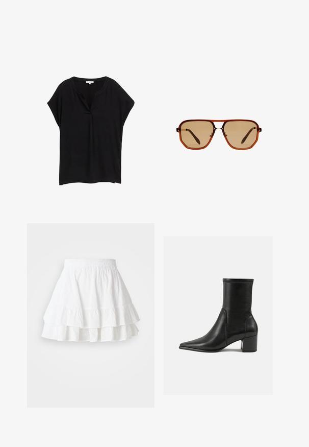 Crni pulover s visokim ovratnikom i dugim rukavima, izrađen od glatkog pletenog materijala. Ima usko tijelo i rebraste manžetne i rub.; Crna majica kratkih rukava s V-izrezom, izrađena od lagane tkanine, s ležernim krojem i suptilnim naborima na ramenima.; Bijela višeslojna suknja izrađena od lagane tkanine s uzorkom perforacija i volanima na rubu. Ima elastičnu naramenicu za udobnost.; Crne gležnjače od glatke kože, s šiljastim prstom, blok petom i izraženim uvećanim šavom na gornjem rubu.; Smeđe osmerokutne naočale za sunce s prozirnim jantarno smešanim okvirom i smešanim lećama. Sadrže metalni detalj na nosu i vitke tempere.