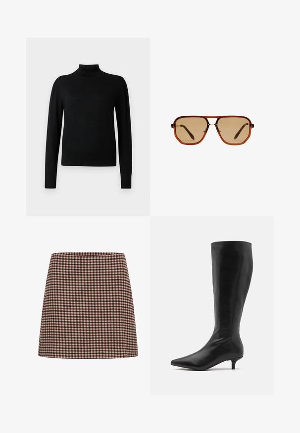 Schwarzer Rollkragenpullover mit langen Ärmeln, aus einem glatten Strickstoff. Verfügt über einen taillierten Oberteil und gerippte Bündchen sowie Saum.; Ein rot-weißer kariert Minirock mit geradem Schnitt und strukturiertem Stoff. Keine sichtbaren Verschlüsse oder Verzierungen.; RAID ALPINE - Stiefel - black; Braune achteckige Sonnenbrille mit einem transparenten, bernsteinfarbenen Rahmen und braun getönten Gläsern. Verfügt über eine Metallverzierung am Steg und schlanke Bügel.; Braune Wildleder-Umhängetasche mit zwei Griffen, einem Knopfverschlussriemen und einer entspannten, leicht schlaffen Form.
