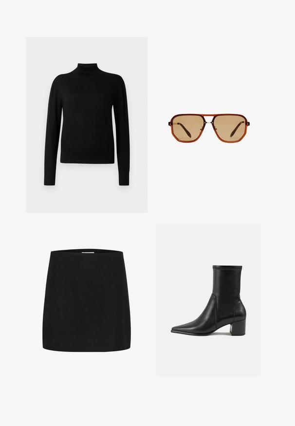 Čierny rolák s dlhými rukávmi, vyrobený z hladkej pleteniny. Má priliehavé telo a rebrované manžety a lem.; Čierna mini sukňa vyrobená z textúrovanej látky, s jednoduchým, rovnými strihom, bez viditeľných ozdôb alebo vzorov.; Čierne členkové topánky vyrobené z hladkej kože, s špicatou špičkou, blokovým podpätkom a výrazným zvýšeným švom na hornom okraji.; Hnedé osemuholníkové slnečné okuliare s priehľadným jantárovým rámom a hnedými tónovanými sklami. Obsahujú kovový akcent na mostíku a štíhle nožičky.; Hnedá semišová taška s dvoma uchami, uzatváraním na gombík a uvoľneným, mierne splošteným tvarom.