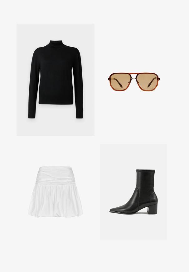Maglione a collo alto nero con maniche lunghe, realizzato in un tessuto a maglia liscia. Presenta un corpetto attillato e polsini e orlo a costine.; Mini gonna bianca con vita arricciata, forma fluida a linea A, trama di tessuto liscia e orlo arriccito per un volume e movimento aggiuntivi.; Stivale alla caviglia nero in pelle liscia, con punta appuntita, tacco a blocco e cuciture raccolte distintive lungo il bordo superiore.; Occhiali da sole ottagonali marroni con montatura trasparente color ambra e lenti sfumate marroni. Caratterizzati da un accento metallico sul ponte e stecche sottili.; Borsa a tracolla in suede marrone con doppio manico, chiusura a bottone e una forma rilassata, leggermente morbida.