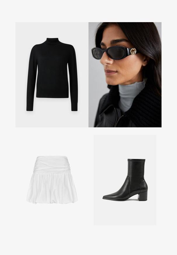 Maglione a collo alto nero con maniche lunghe, realizzato in un tessuto a maglia liscia. Presenta un corpetto attillato e polsini e orlo a costine.; Mini gonna bianca con vita arricciata, forma fluida a linea A, trama di tessuto liscia e orlo arriccito per un volume e movimento aggiuntivi.; Stivale alla caviglia nero in pelle liscia, con punta appuntita, tacco a blocco e cuciture raccolte distintive lungo il bordo superiore.; Occhiali da sole neri con una montatura rettangolare elegante e un accento del logo dorato sul lato. Le lenti scure e la finitura lucida sono evidenti.; Borsa tote nera intrecciata con due manici robusti, caratterizzata da una texture lucida e un ampio design a apertura aperta.
