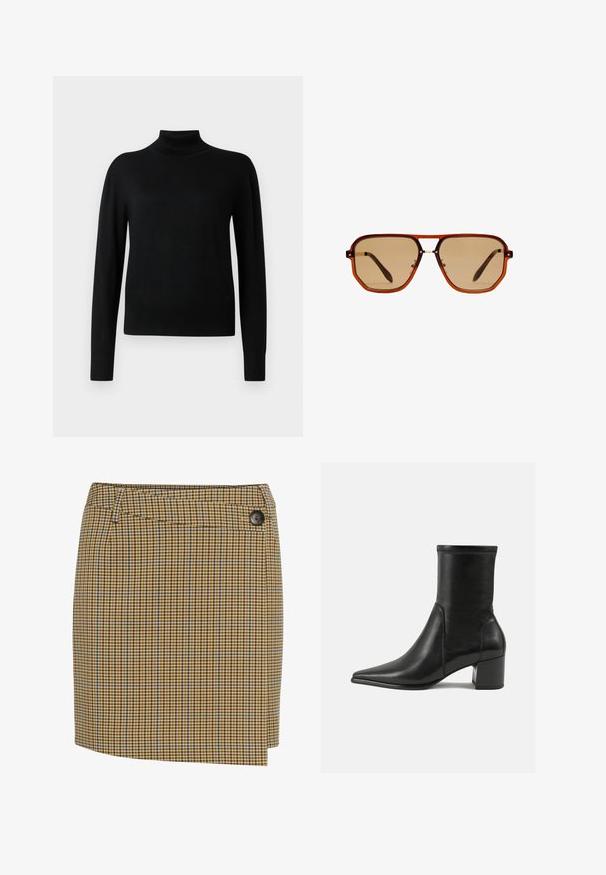 Čierny rolák s dlhými rukávmi, vyrobený z hladkej pleteniny. Má priliehavé telo a rebrované manžety a lem.; Hnedožltá kockovaná sukňa s modrými akcentmi. Má priamy strih, bočné gombíkové zapínanie a hladkú textúru látky.; Čierne členkové topánky vyrobené z hladkej kože, s špicatou špičkou, blokovým podpätkom a výrazným zvýšeným švom na hornom okraji.; Hnedé osemuholníkové slnečné okuliare s priehľadným jantárovým rámom a hnedými tónovanými sklami. Obsahujú kovový akcent na mostíku a štíhle nožičky.; Hnedá semišová taška s dvoma uchami, uzatváraním na gombík a uvoľneným, mierne splošteným tvarom.