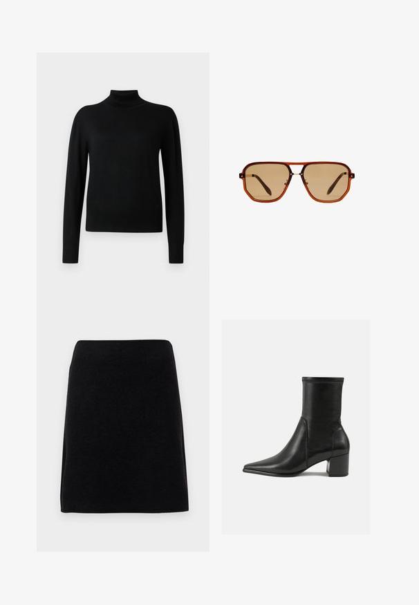 Crni pulover s visokim ovratnikom i dugim rukavima, izrađen od glatkog pletenog materijala. Ima usko tijelo i rebraste manžetne i rub.; Crna mini suknja od mekog materijala, s ravnim krojem i bešavnom pojasom, bez vidljivih kopčanja ili uzoraka.; Crne gležnjače od glatke kože, s šiljastim prstom, blok petom i izraženim uvećanim šavom na gornjem rubu.; Smeđe osmerokutne naočale za sunce s prozirnim jantarno smešanim okvirom i smešanim lećama. Sadrže metalni detalj na nosu i vitke tempere.; Smešnjak smeđi toaletni torba s dvostrukim ručkama, trakama za zakopčavanje i ležernim, blago opuštenim oblikom.