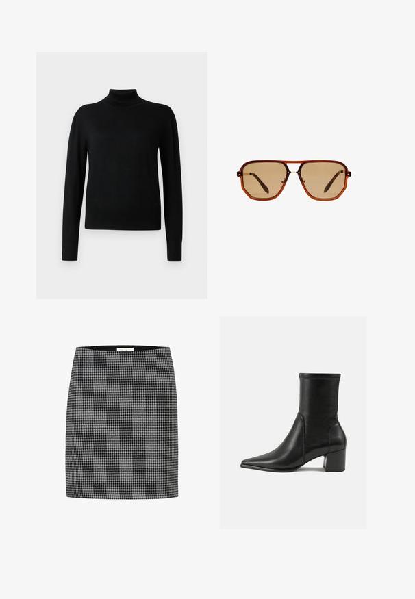 Pull noir à col roulé avec des manches longues, fabriqué en tissu tricoté lisse. Présente un corps ajusté et des poignets et un ourlet côtelés.; Jupe en pied-de-poule noir et blanc avec une silhouette ajustée, texture lisse et une taille. Pas de matériel visible ni de motifs autre que le design pied-de-poule.; Bottine noire en cuir lisse, avec un bout pointu, un talon carré et des coutures surélevées distinctes au bord supérieur.; Lunettes de soleil octogonales brunes avec un cadre transparent couleur ambre et des verres teintés bruns. Elles présentent un accent métallique au niveau du pont et des branches fines.