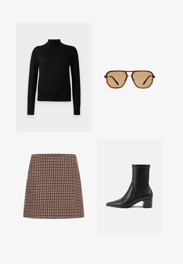 Černý rolák s dlouhými rukávy, vyrobený z hladkého pleteného materiálu. Má přiléhavý trup a žebrované manžety a lem.; Mini sukně s červenobílým kostkovaným vzorem, rovného střihu a s texturovanou tkaninou. Bez viditelných zapínání nebo ozdob.; Černé kožené kotníkové boty s hladkým povrchem, špičatou špičkou, blokovým podpatkem a výrazným vyvýšeným šitím na horním okraji.; Hnědé osmiúhelníkové sluneční brýle s průhledným jantarem rámem a hnědými skly. Mají kovový akcent na můstku a štíhlé nožičky.; Hnědá semišová taška s dvojitými uchy, páskem na knoflíkovém uzávěru a uvolněným, mírně pokleslým tvarem.