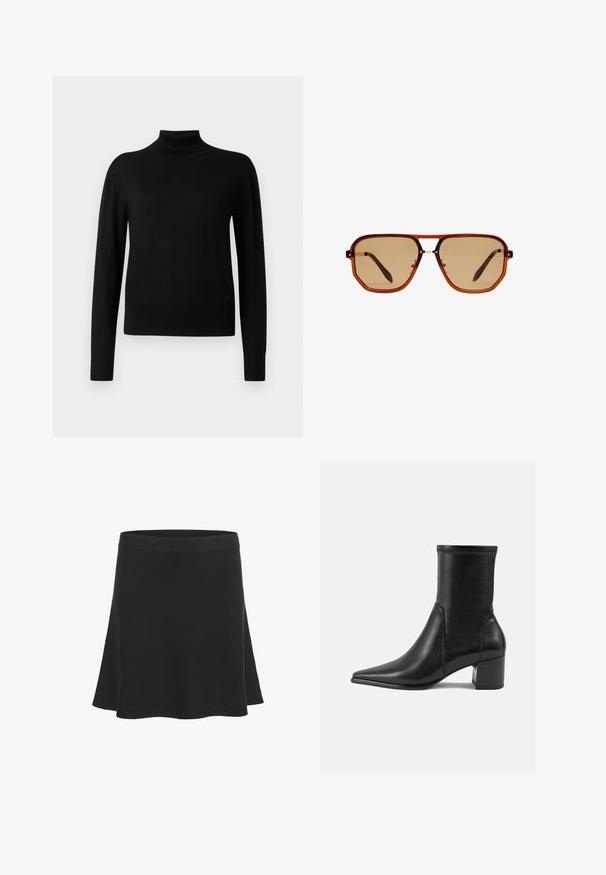 Maglione a collo alto nero con maniche lunghe, realizzato in un tessuto a maglia liscia. Presenta un corpetto attillato e polsini e orlo a costine.; Gonna mini nera a campana realizzata in materiale morbido con una texture liscia e una fascia in vita ampia. Presenta un design semplice senza motivi o accenti.; Stivale alla caviglia nero in pelle liscia, con punta appuntita, tacco a blocco e cuciture raccolte distintive lungo il bordo superiore.; Occhiali da sole ottagonali marroni con montatura trasparente color ambra e lenti sfumate marroni. Caratterizzati da un accento metallico sul ponte e stecche sottili.