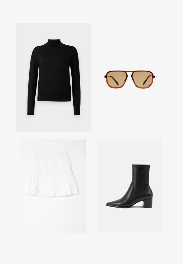 Maglione a collo alto nero con maniche lunghe, realizzato in un tessuto a maglia liscia. Presenta un corpetto attillato e polsini e orlo a costine.; Gonna bianca plissettata con cintura larga, presentata piatta su uno sfondo bianco.; Stivale alla caviglia nero in pelle liscia, con punta appuntita, tacco a blocco e cuciture raccolte distintive lungo il bordo superiore.; Occhiali da sole ottagonali marroni con montatura trasparente color ambra e lenti sfumate marroni. Caratterizzati da un accento metallico sul ponte e stecche sottili.; Borsa a tracolla in suede marrone con doppio manico, chiusura a bottone e una forma rilassata, leggermente morbida.
