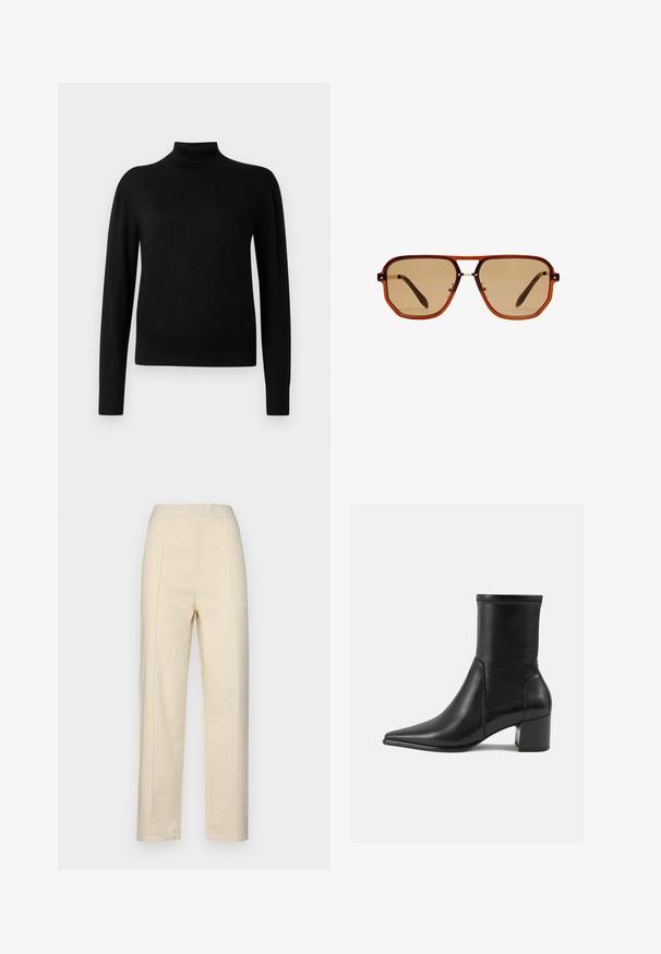 Crni pulover s visokim ovratnikom i dugim rukavima, izrađen od glatkog pletenog materijala. Ima usko tijelo i rebraste manžetne i rub.; Kremaste hlače ravnog kroja od pamuka, s prednjim naboration, glatke teksture i pojasom bez vidljive metalne opreme.; Crne gležnjače od glatke kože, s šiljastim prstom, blok petom i izraženim uvećanim šavom na gornjem rubu.; Smeđe osmerokutne naočale za sunce s prozirnim jantarno smešanim okvirom i smešanim lećama. Sadrže metalni detalj na nosu i vitke tempere.; Smešnjak smeđi toaletni torba s dvostrukim ručkama, trakama za zakopčavanje i ležernim, blago opuštenim oblikom.
