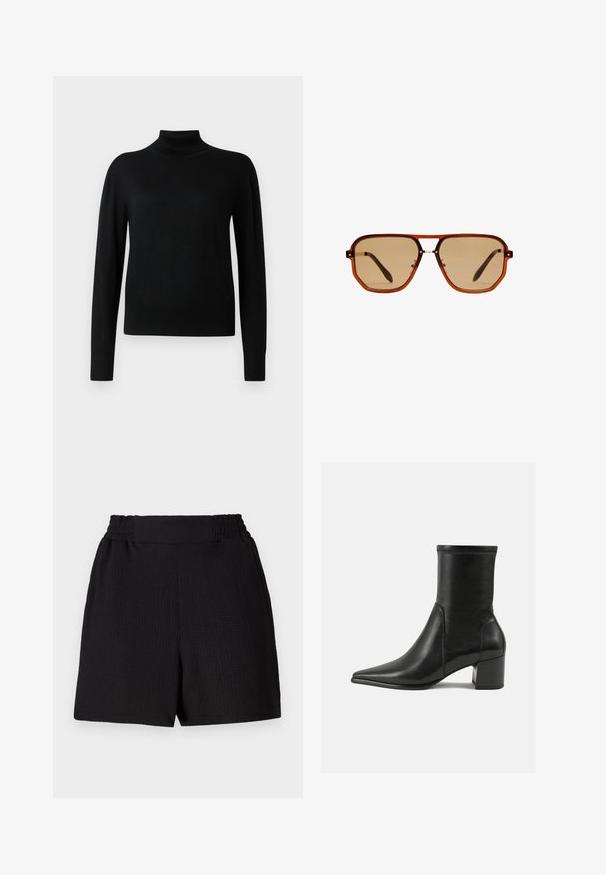 Mustapikarainen korkeakauluksinen villapaita, jossa on pitkät hihat ja joka on valmistettu sileästä neulekankaasta. Omistaa istuvan vartalon ja ribbireunat hihoissa ja helmassa.; Mustat shortsit, joissa on teksturoitu kangas, joustava vyötärö ja suora leikkaus. Siinä on siisti muotoilu ilman ylimääräisiä aksentteja tai kuvioita.; Mustat nilkkurit, jotka on valmistettu sileästä nahasta, kärjessä on terävä muoto, paksu korko ja selkeästi kohoavat ompeleet yläreunassa.; Ruske oktagonalne sunčane naočale s prozirnim amber okvirom i smeškastim staklima. Imaju metalni naglasak na mostu i tanke strane.; Ruskea samettinen kantolaukku, jossa on kaksinkertaiset kahvat, nappikiinnitys ja rento, hieman lörpähtänyt muoto.