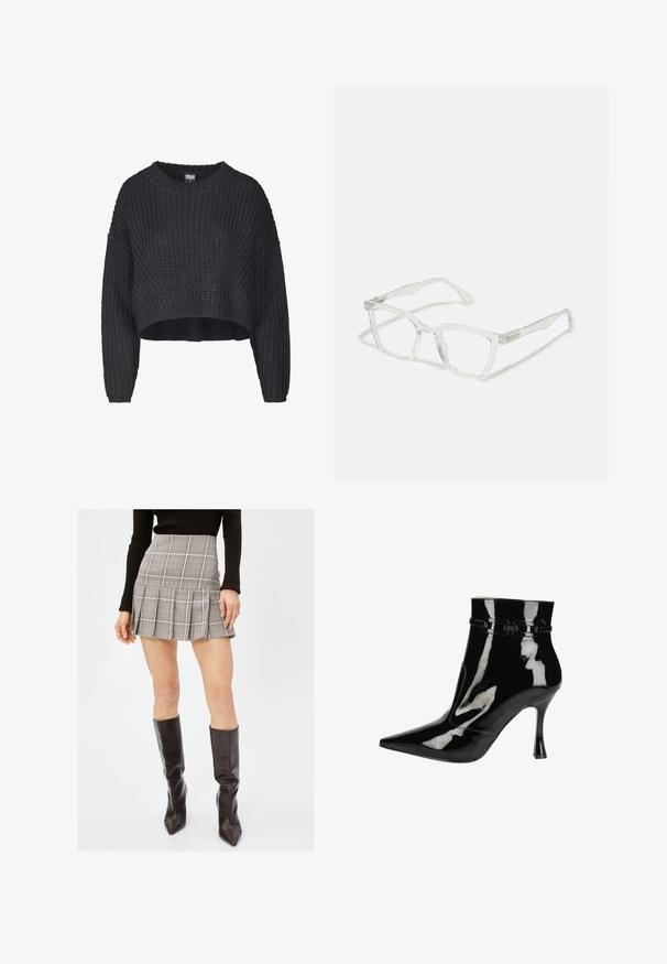 Gekürzter schwarzer Strickpullover mit strukturiertem Stoff, Rundhalsausschnitt und locker sitzenden langen Ärmeln.; Grau karierten Minirock mit Falten, der vertikale und horizontale Linien in Schwarz, Weiß und Rot aufweist. Kombiniert mit schwarzen kniehohen Stiefeln.; Schwarze Lackleder-Ankle Boots mit spitzer Zehenpartie, glänzender Oberfläche, eleganten Design und schmalem Stiletto-Absatz. Dekorative Riemenakzente.; Klare rechteckige Brille mit transparenten Rahmen und geraden Bügeln. Mit dezenten Details an den Schläfen. Leichtes Design.; Schwarze Leder-Hobo-Tasche mit einer weichen, geschwungenen Form. Sie verfügt über einen breiten Oberhandgriff und Falten an der Basis für eine lässige Textur.