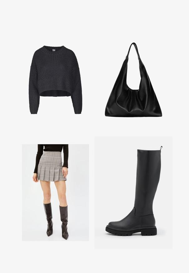 Afgeknot zwarte gebreide trui met een gestructureerde stof, ronde halslijn en losvallende lange mouwen.; Grijze geruite minirok met plooien, met verticale en horizontale lijnen in zwart, wit en rood. Gecombineerd met enkellaarsjes tot aan de knie in zwart.; Zwarte laarzen tot de knie, gemaakt van glad, mat materiaal met een stevige zool, ronde neus en een treklabel bovenaan voor eenvoudig aan- en uittrekken.; Zwarte leren hobo tas met een zachte, gebogen vorm. Heeft een brede bovenhandgreep en plooien aan de onderkant voor een slappe textuur.